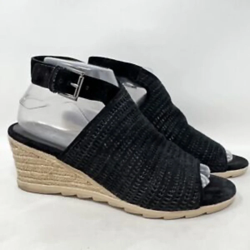 Eileen Fisher Winnie Black Leather Espadrille Wedge Sandal US 8